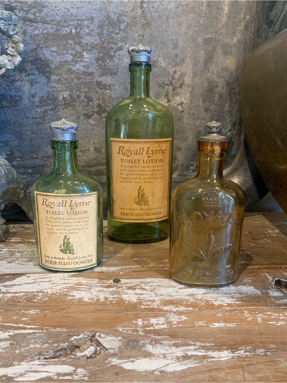 Vintage Royall Lyme Green Glass Toilet Lotion Bottles plus an amber/gold  bottle - Picture 3 of 6